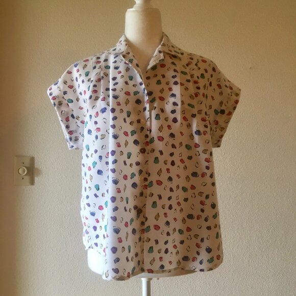 VTG 80s Cabrais White Button Down Blouse Short Sleeve Colorful Abstract S / M - Picture 1 of 7